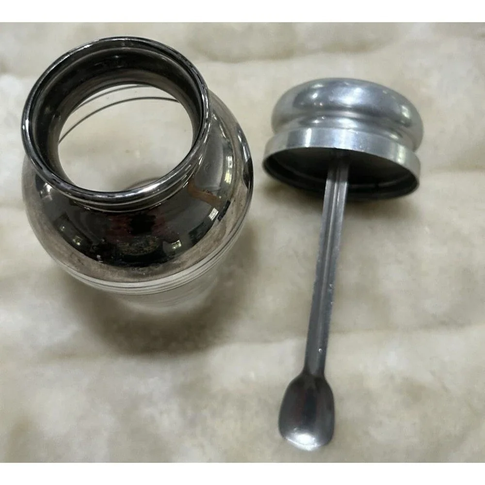 Vintage Glass Condiment Jar With Aluminum Top With Spoon Attached MCM Farmhouse